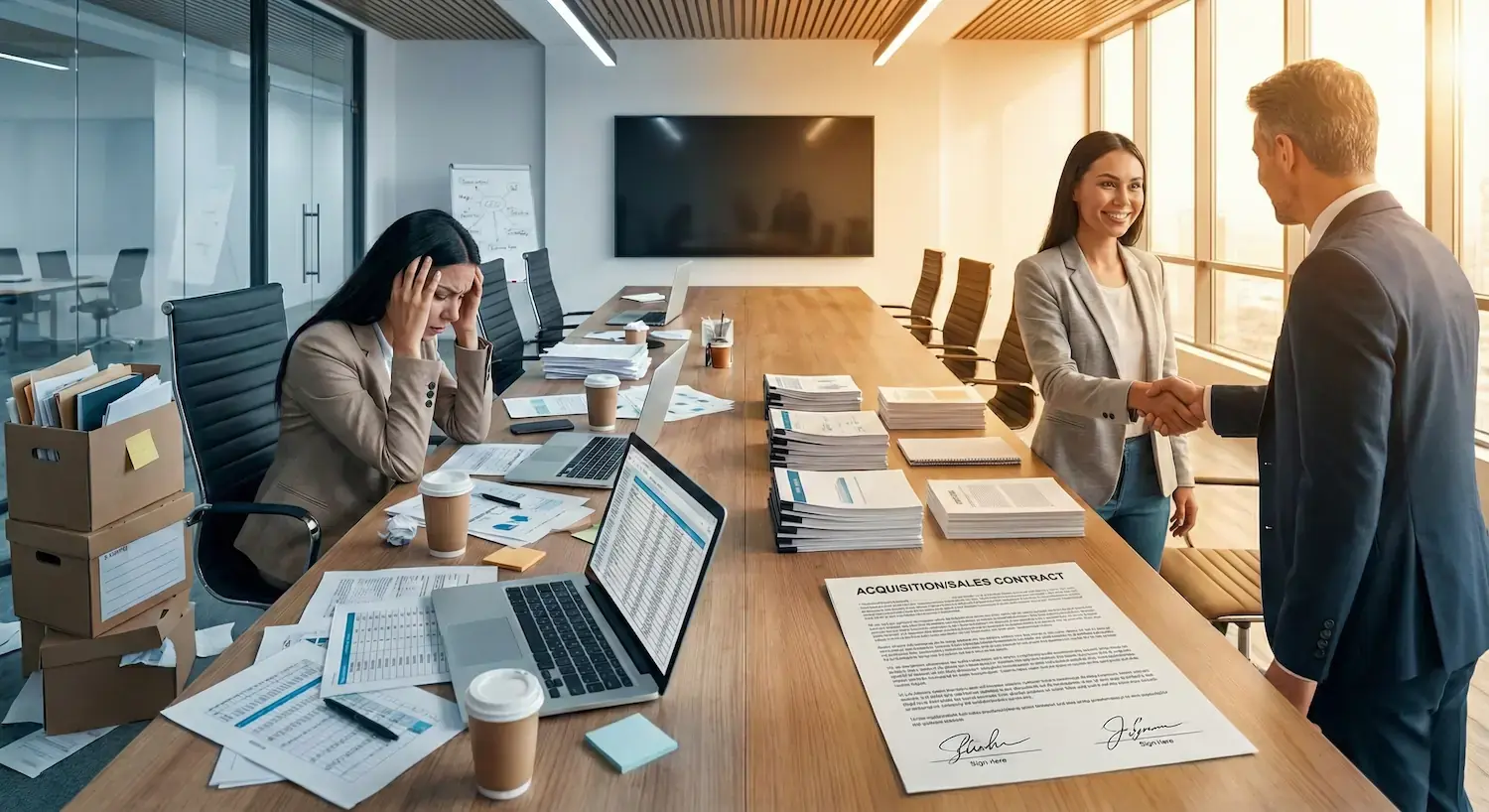 a financial controller in a modern tech office, sorting through a chaotic pile of messy accounting paperwork on one side of a desk, which transitions into neat, organized stacks and golden elements on the other, symbolizing the journey from crisis to successful acquisition
